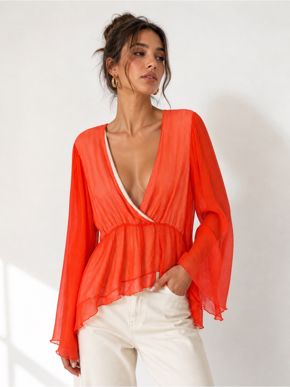 Red Deep V-Neck Peplum Blouse with Flared Sleeves